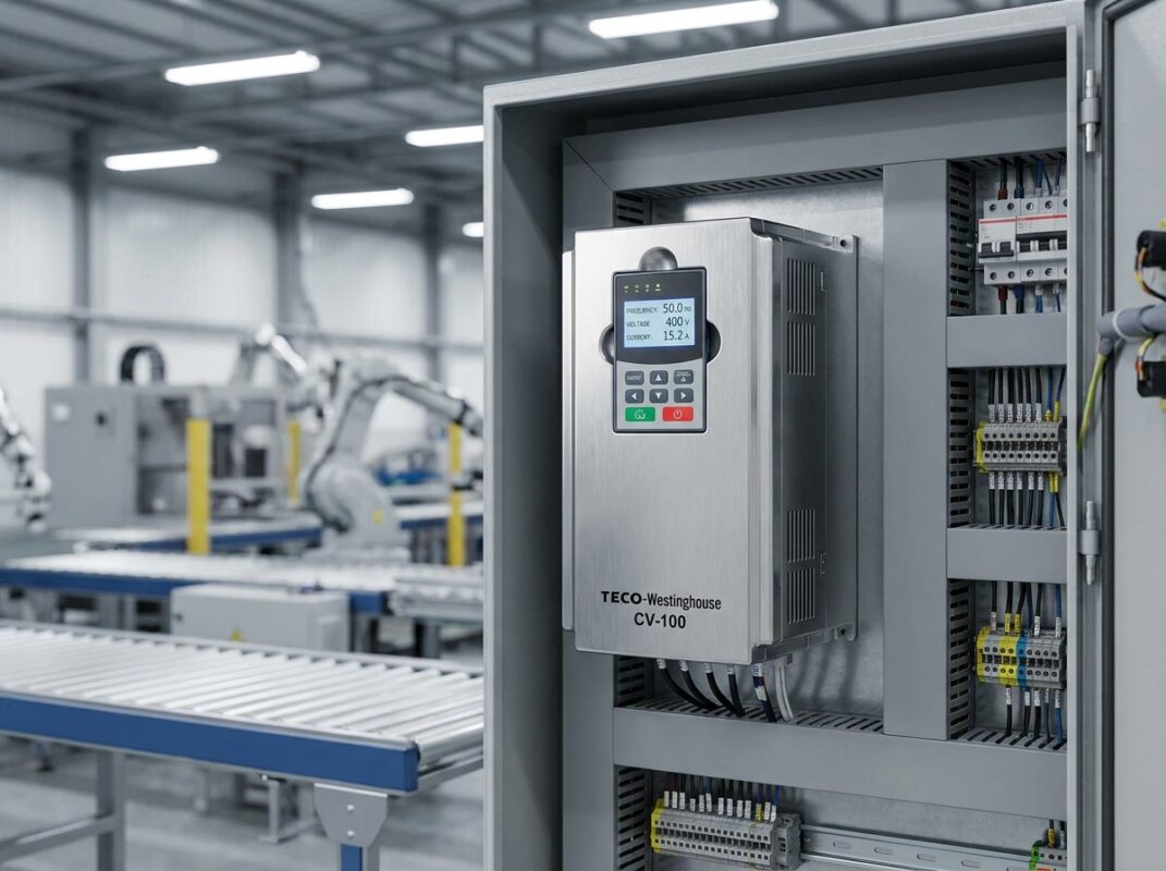Inverter industri modern dalam panel kontrol listrik untuk efisiensi energi.