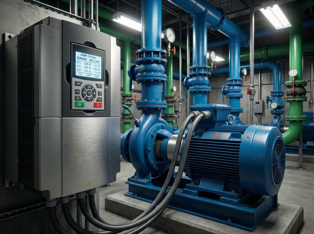 Aplikasi VFD pada sistem pompa air industri untuk kontrol aliran presisi.