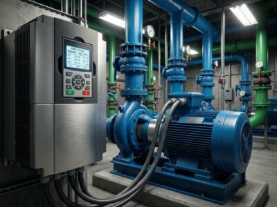 Aplikasi VFD pada sistem pompa air industri untuk kontrol aliran presisi.