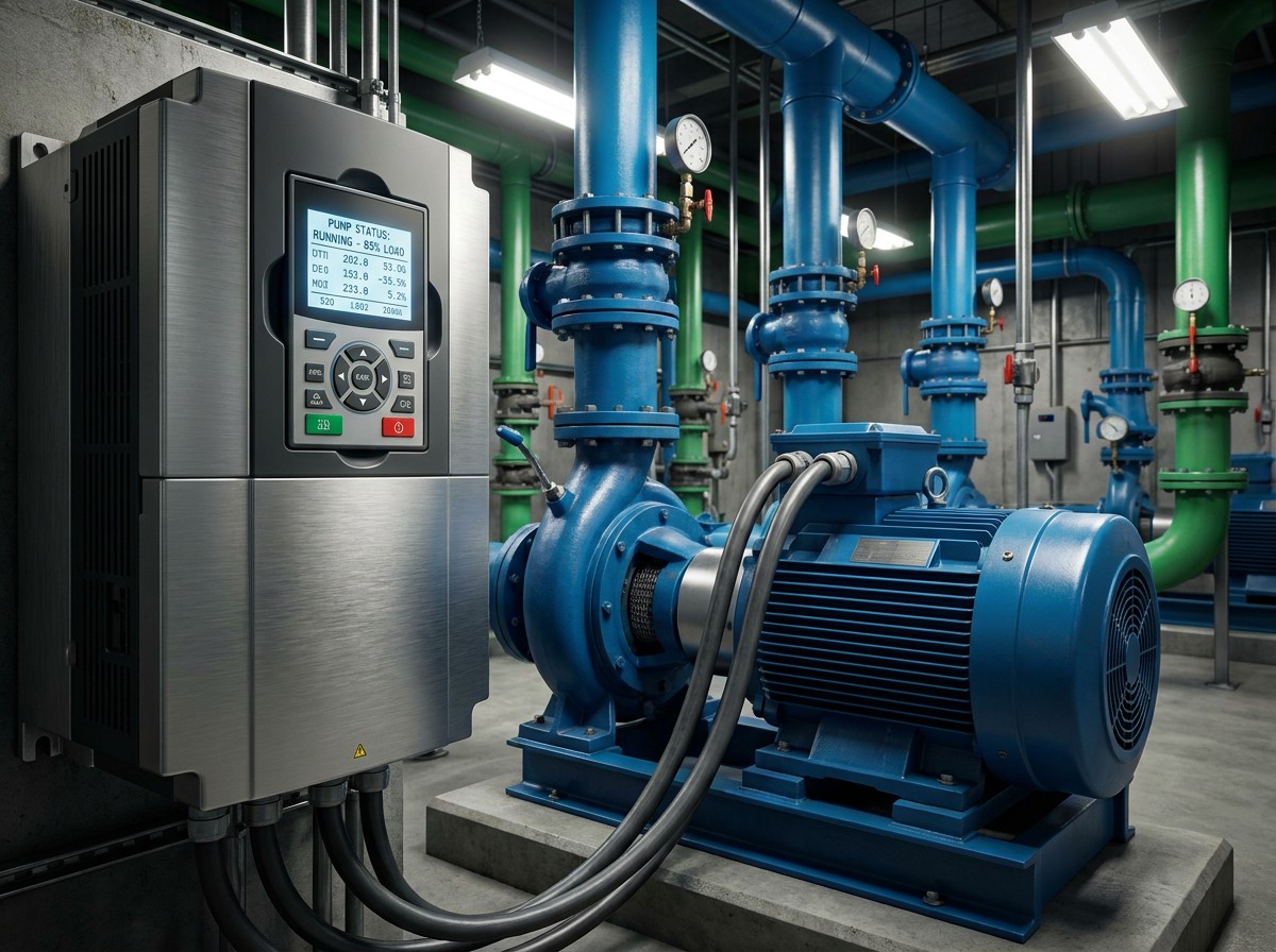Aplikasi VFD pada sistem pompa air industri untuk kontrol aliran presisi.