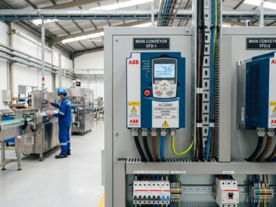 Inverter VFD industri terpasang di panel kontrol pabrik Indonesia.