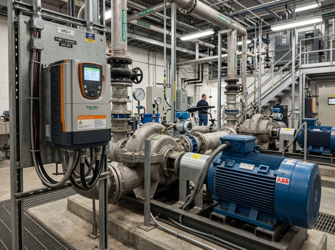 Inverter VFD mengontrol sistem pompa air industri besar di fasilitas teknis.