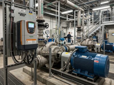 Inverter VFD mengontrol sistem pompa air industri besar di fasilitas teknis.