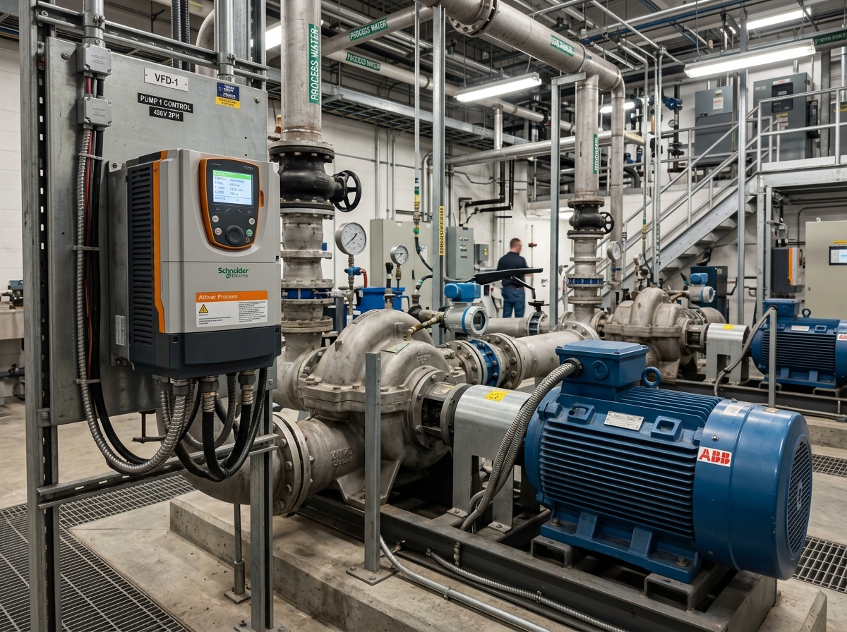 Inverter VFD mengontrol sistem pompa air industri besar di fasilitas teknis.